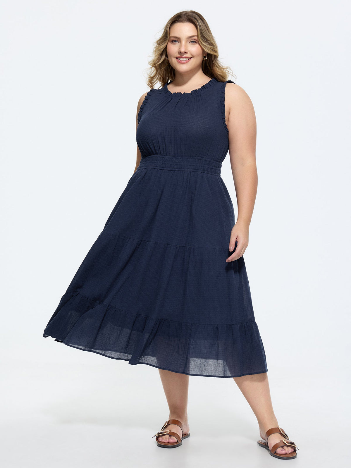 Cotton Sleeveless Waist-Defining Midi Dress