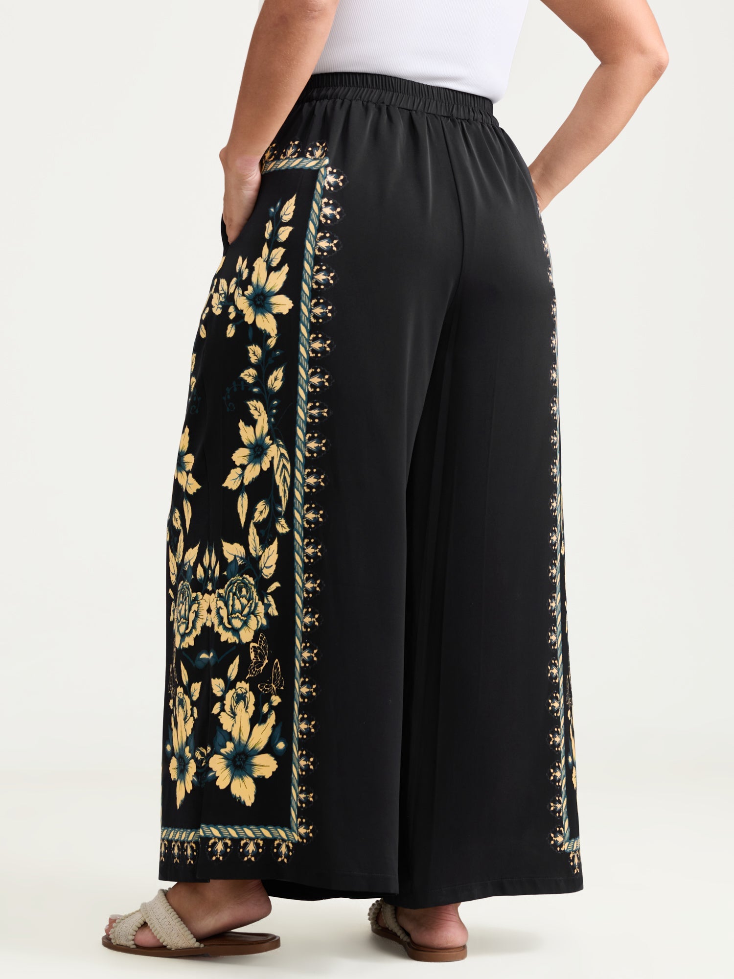 Side Floral Print Wide-Leg Pants