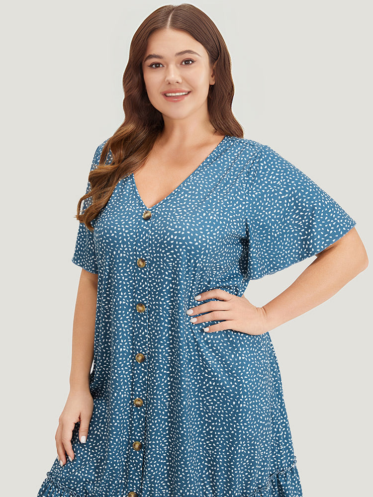 Water Drop Print Button Detail Ruffled Dress