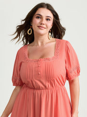 Lace Square Neckline Bubble Sleeve Mini Dress