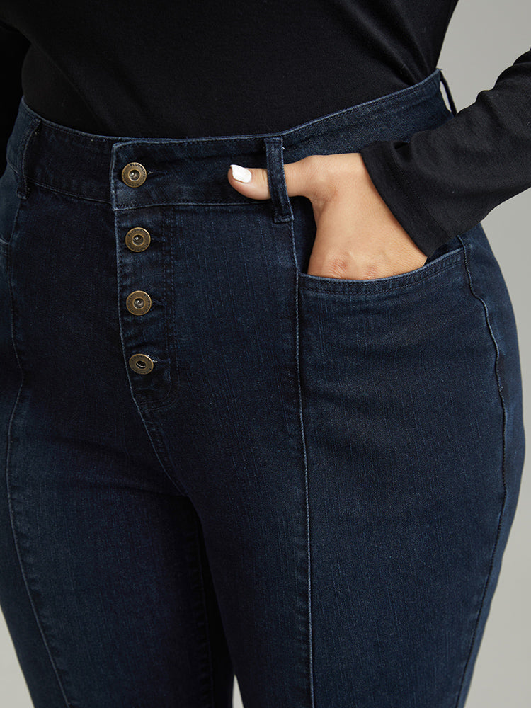 Flare Leg Button Fly Seam Detail Moderately Stretchy Jeans