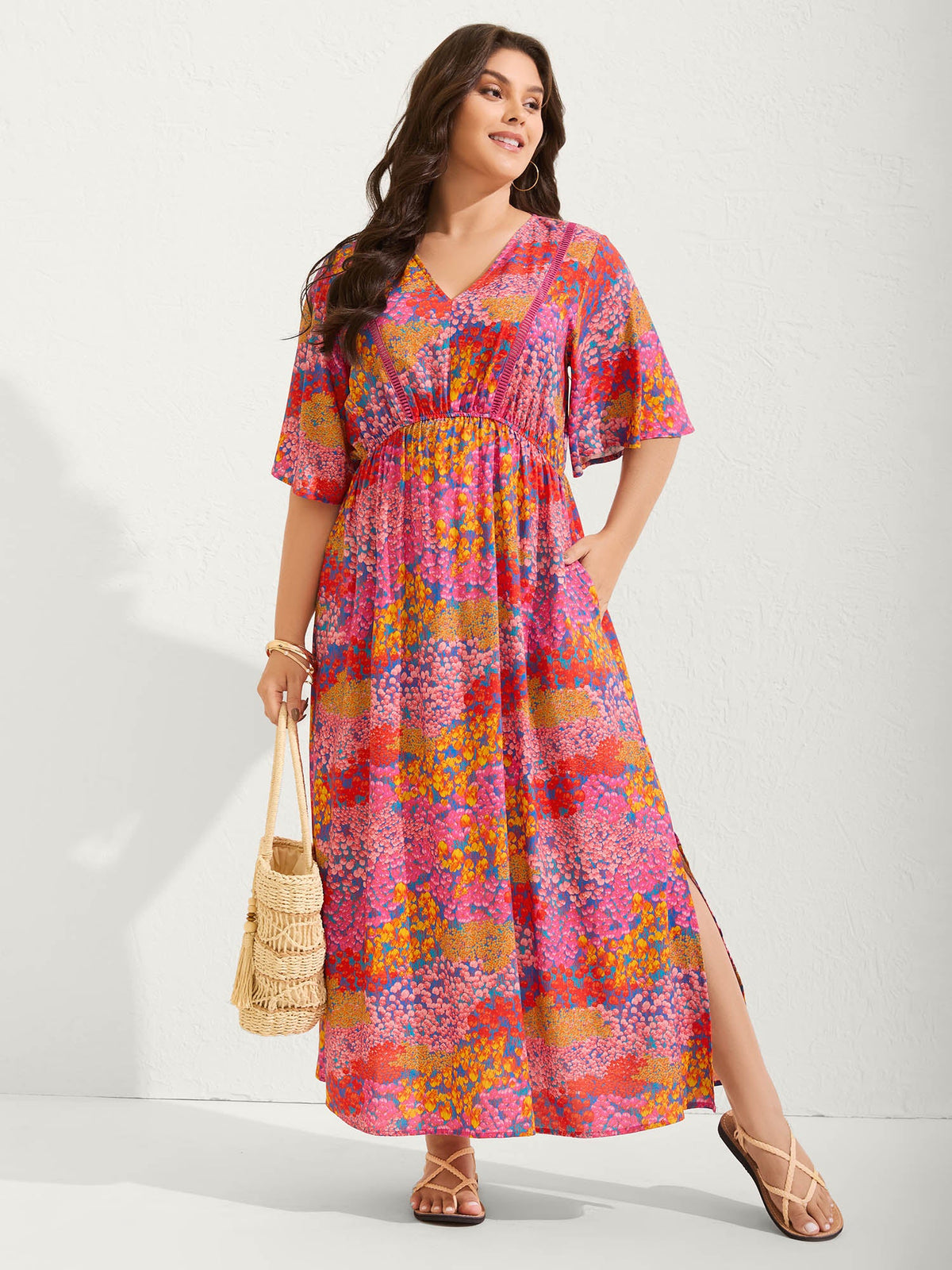 Floral Lace Trim Flowy Sleeve Maxi Dress