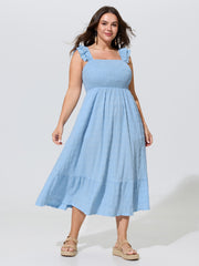 Shirred Bodice Ruffled Straps Flowy Midi Dress