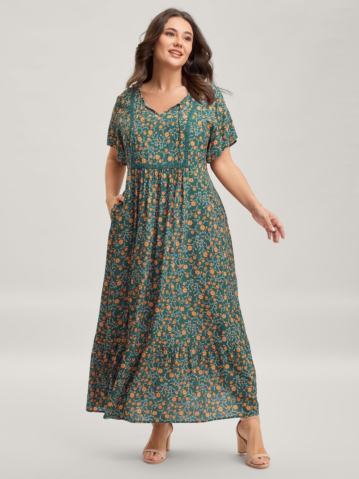 Rayon Floral Print Neck Tie Pockets Maxi Dress