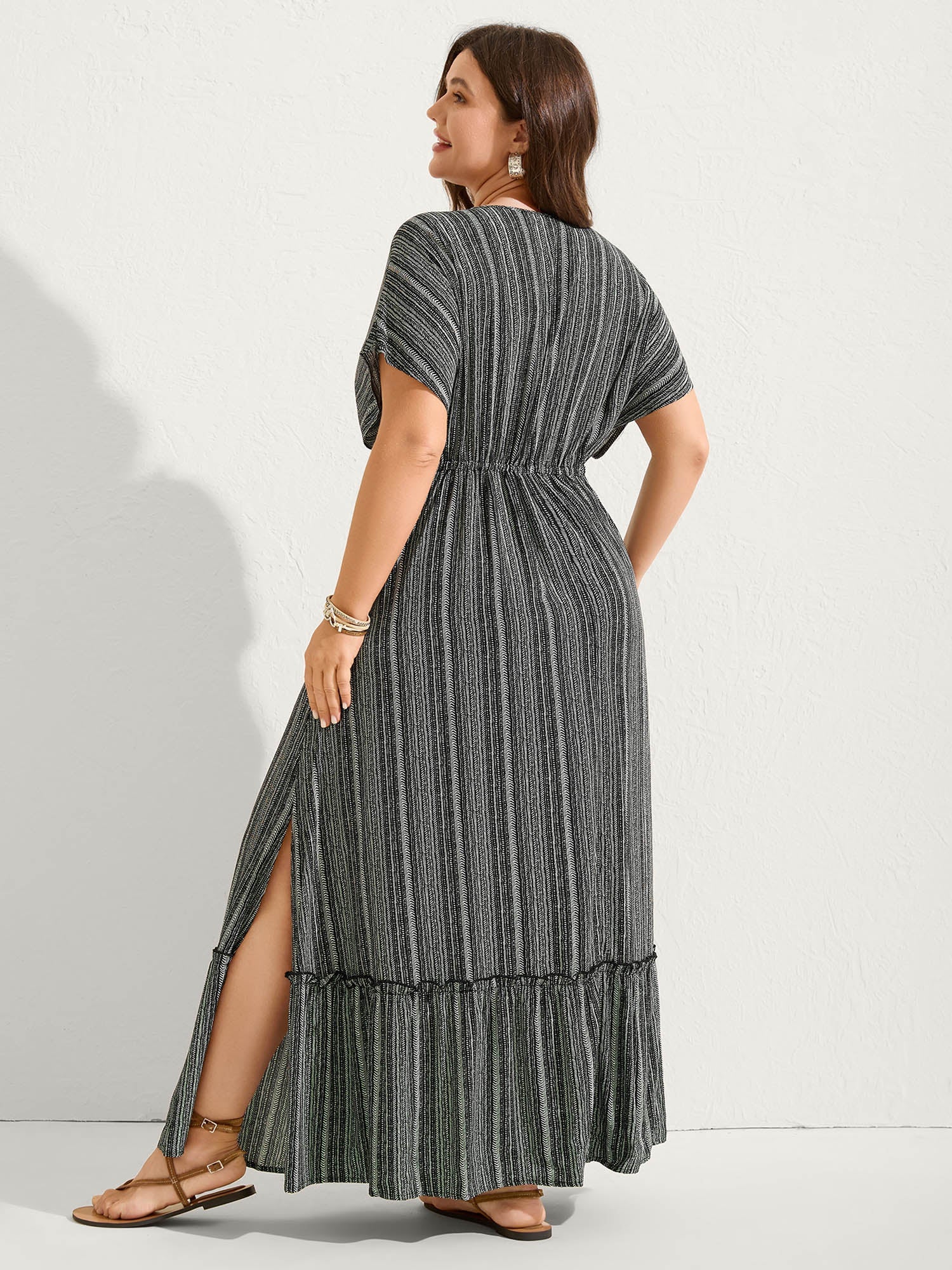 Striped Tassel Drawstring Tiered Midi Dress