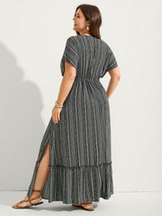 Striped Tassel Drawstring Tiered Midi Dress