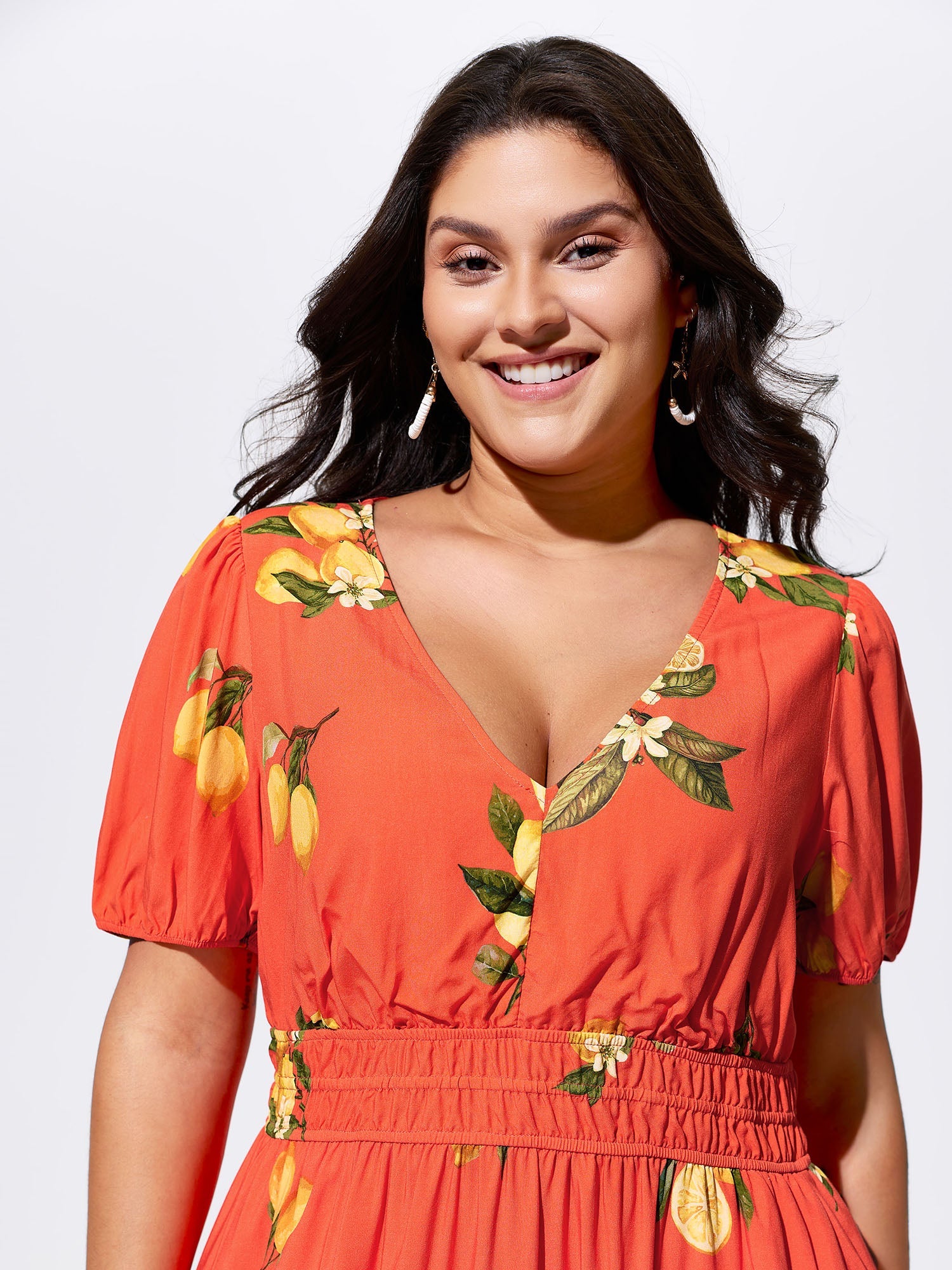 Citrus Floral Print Puff Sleeve Maxi Dress