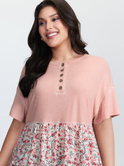 Floral Print Color Contrast Placket T-Shirt
