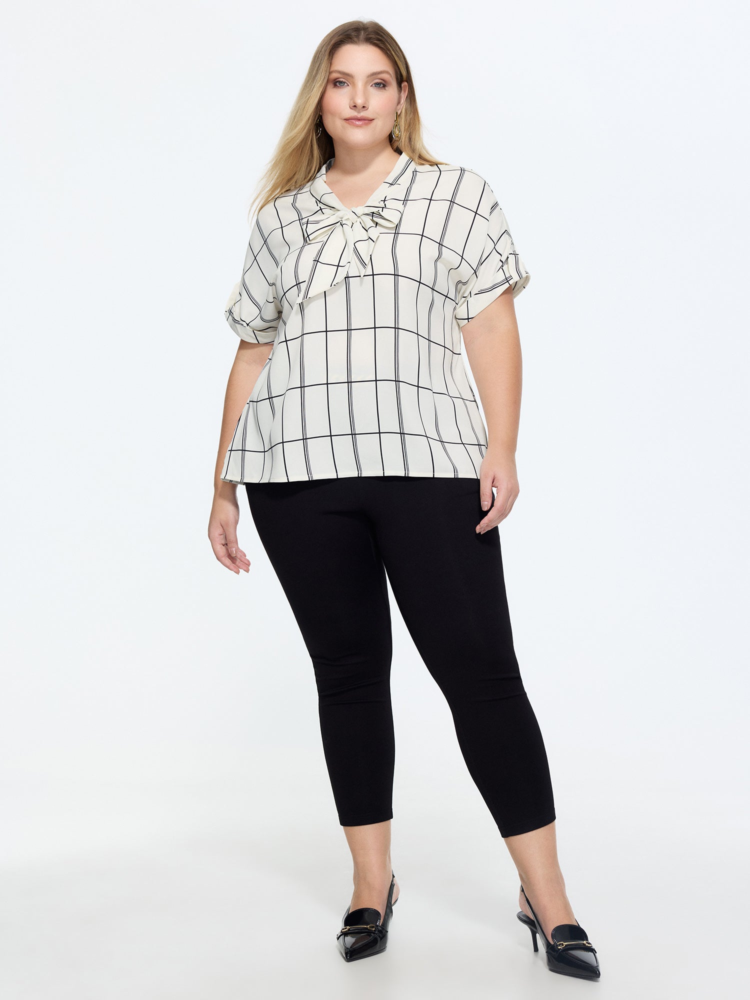 Geometric Print Ribbon Neckline Blouse