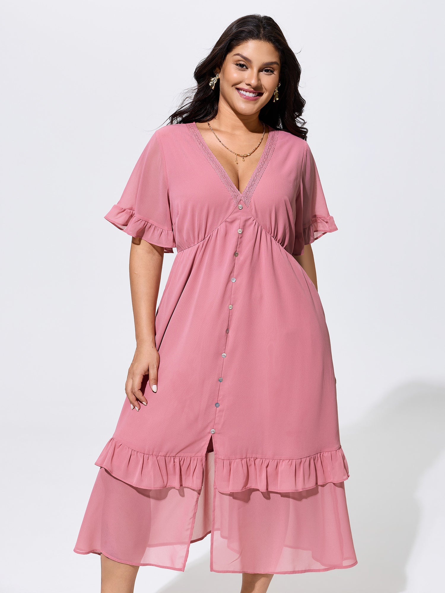 Supersoft Lace Trim Ruffled Hem Maxi Dress