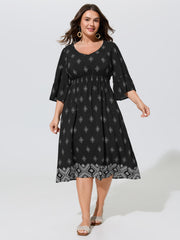 Geometric Print Flare Sleeve Shirred Waist Midi Dress