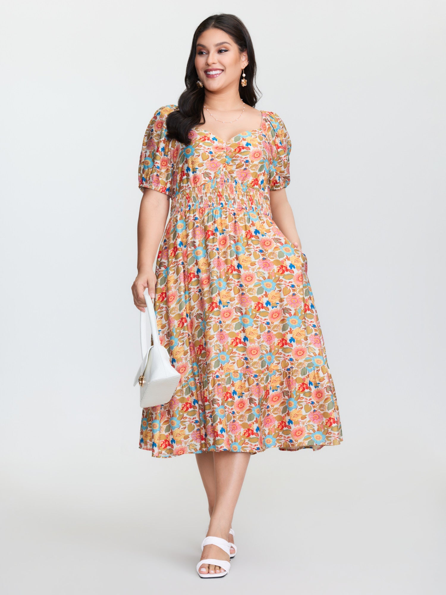 Floral Print Sweetheart Neckline Midi Dress