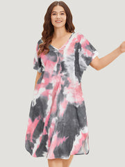 Tie Dye Pocket V Neck Dolman Sleeve Dress