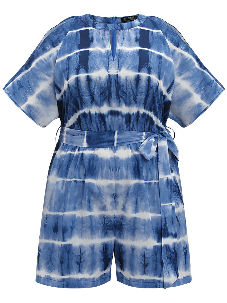 Tie Dye Keyhole Belted Batwing Sleeve Romper