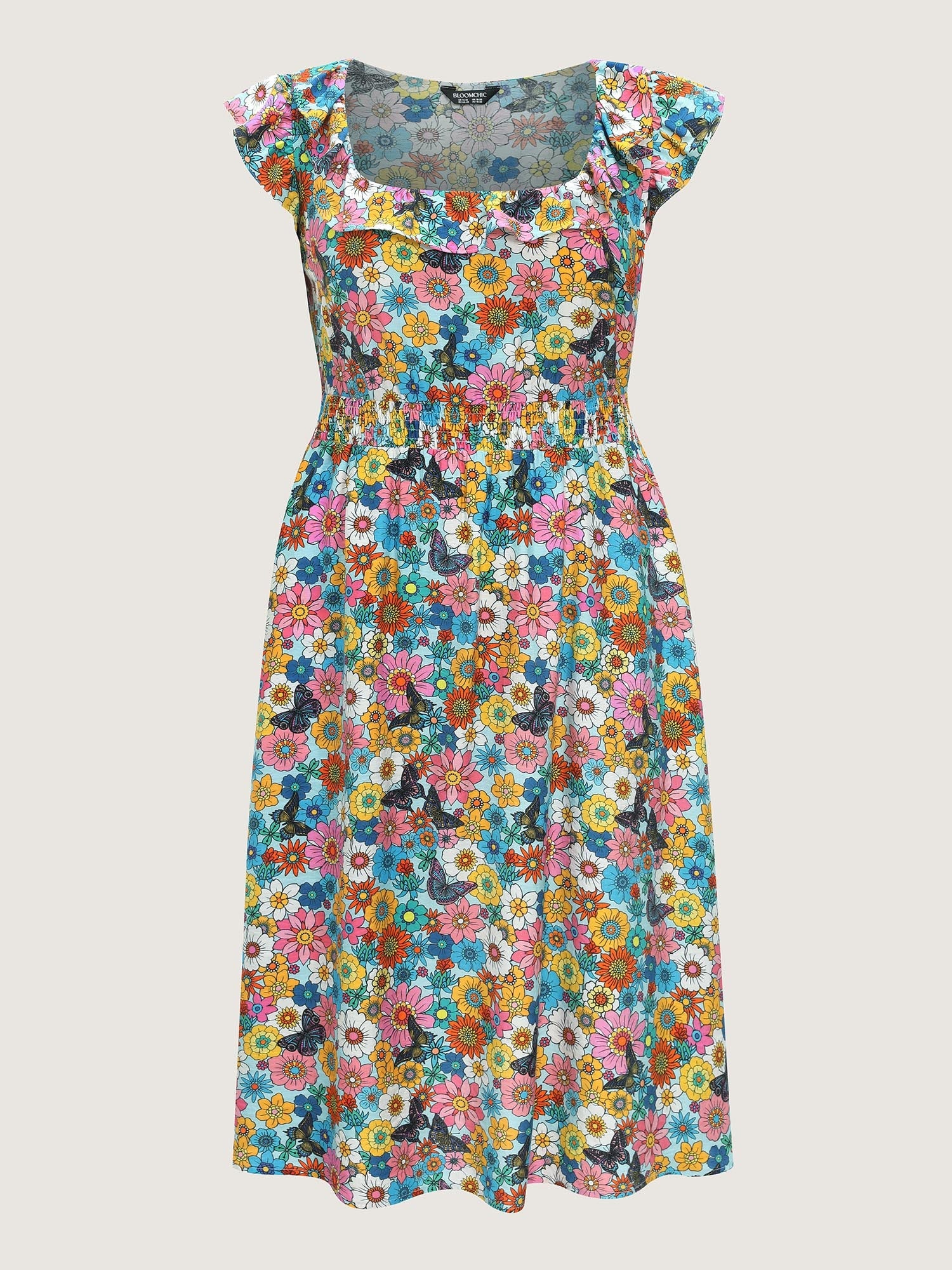 Playful Floral Print Ruffled Straps Midi Dress