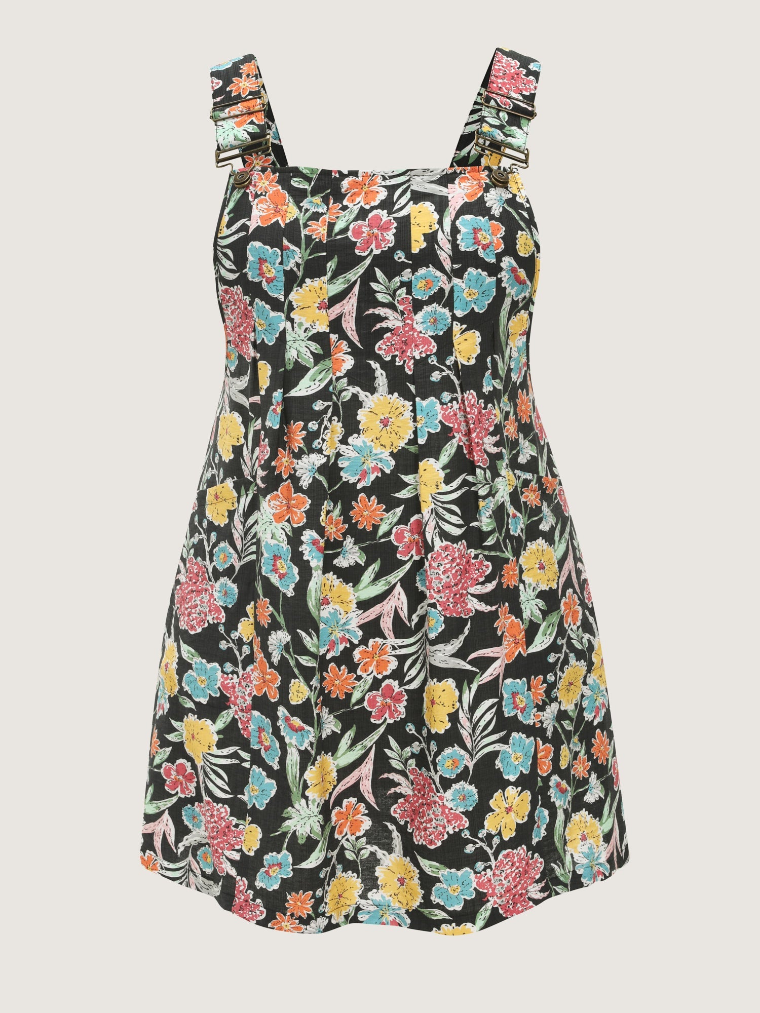 Floral Print Pockets Overall Mini Dress