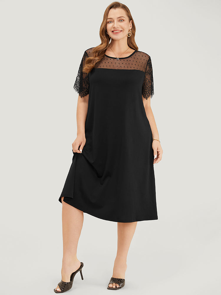 Plain Pocket Lace Mesh Patchwork Dress