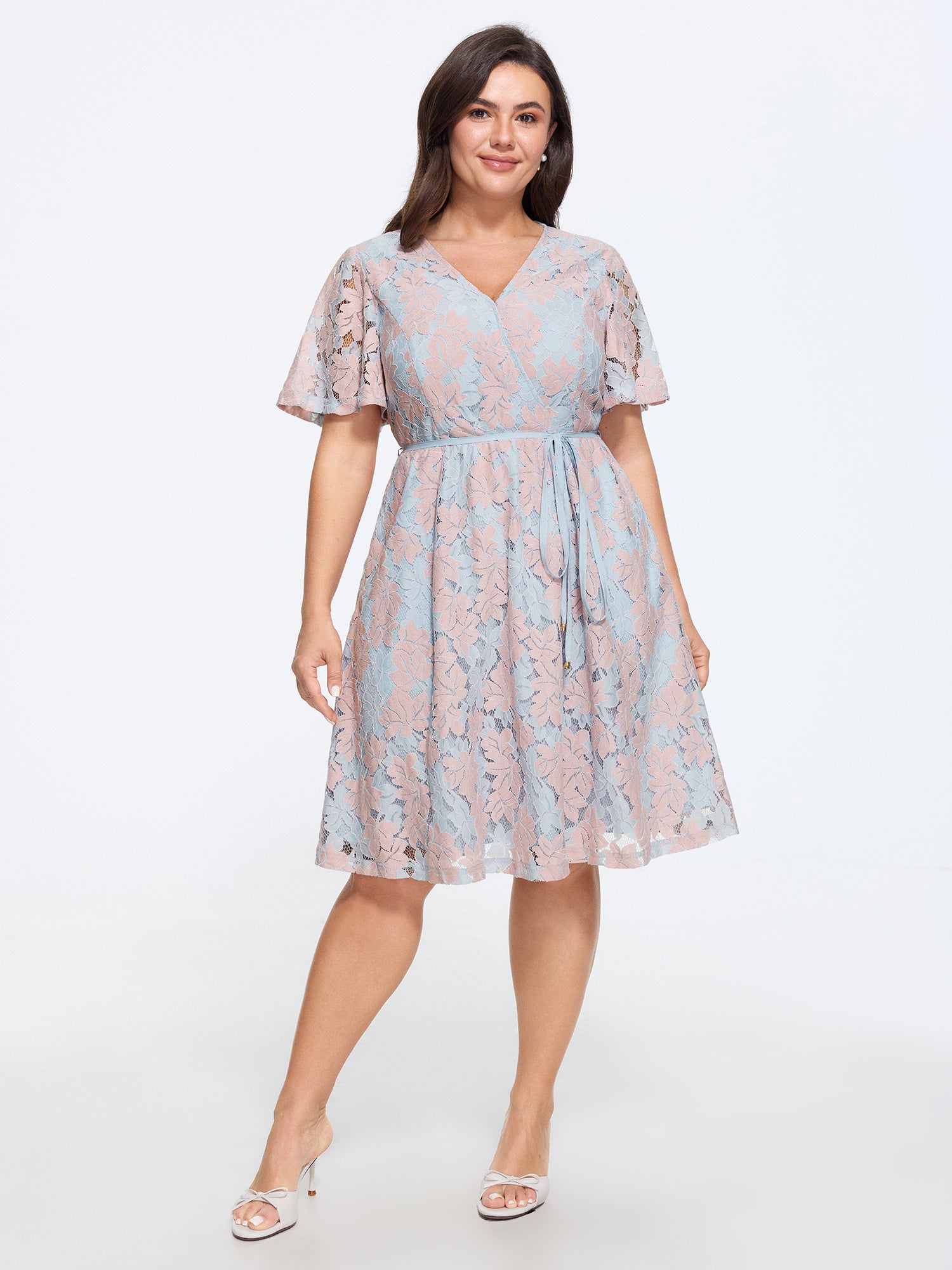Crochet Lace Mesh Waist-Tie Midi Dress