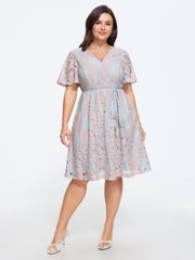 Crochet Lace Mesh Waist-Tie Midi Dress