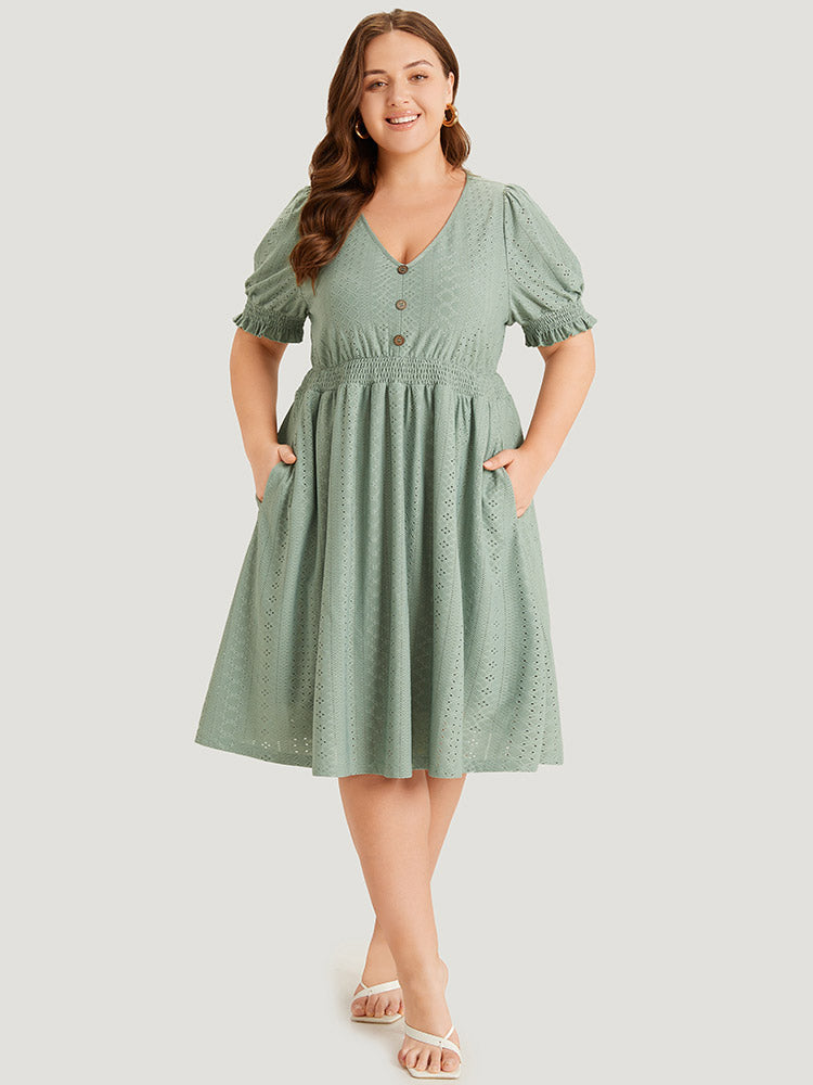 Geometric Eyelet Pocket Button Detail Shirred Dress