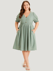 Geometric Eyelet Pocket Button Detail Shirred Dress