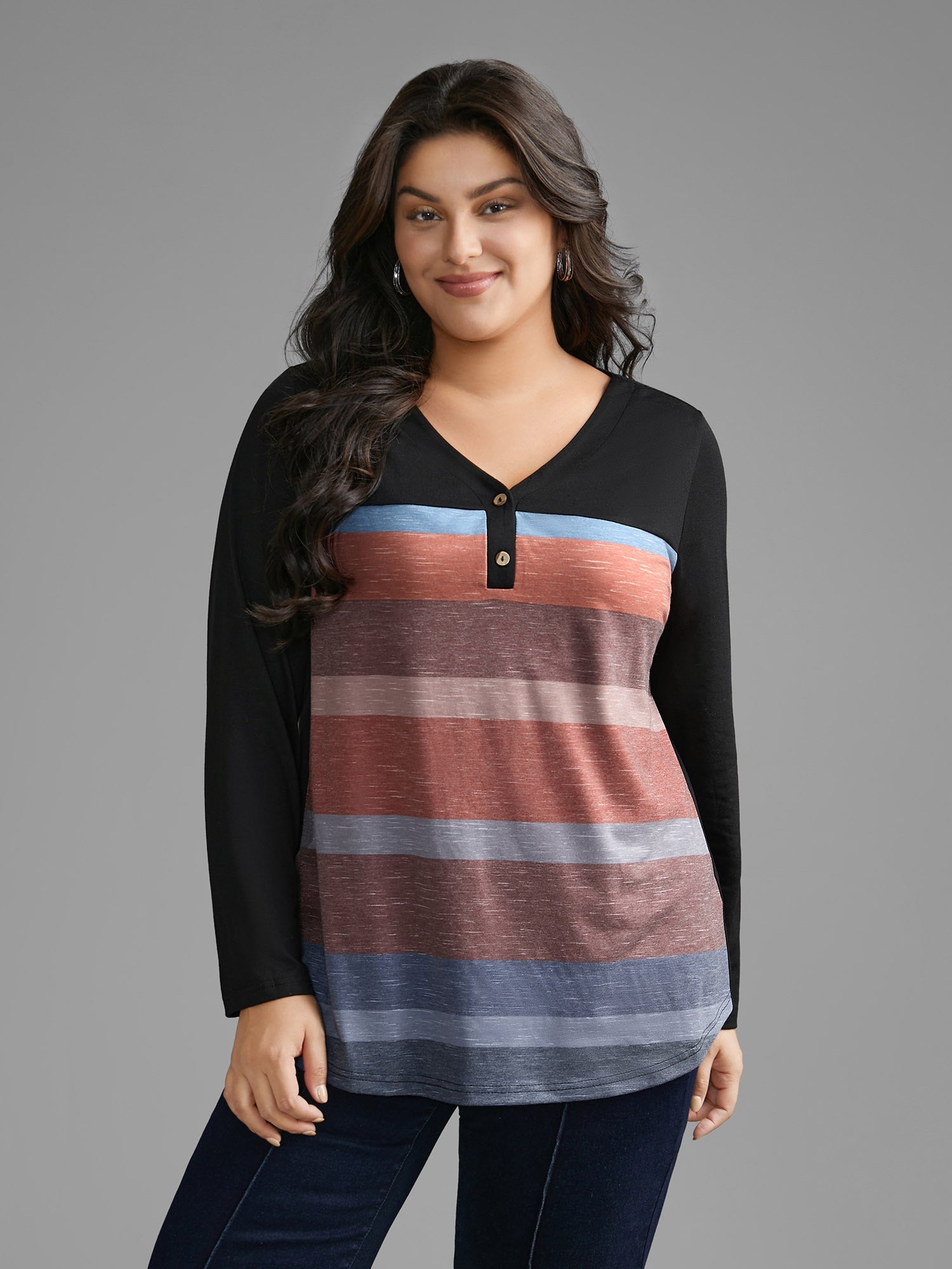 V Neck Colorblock Contrast Button Up T-shirt