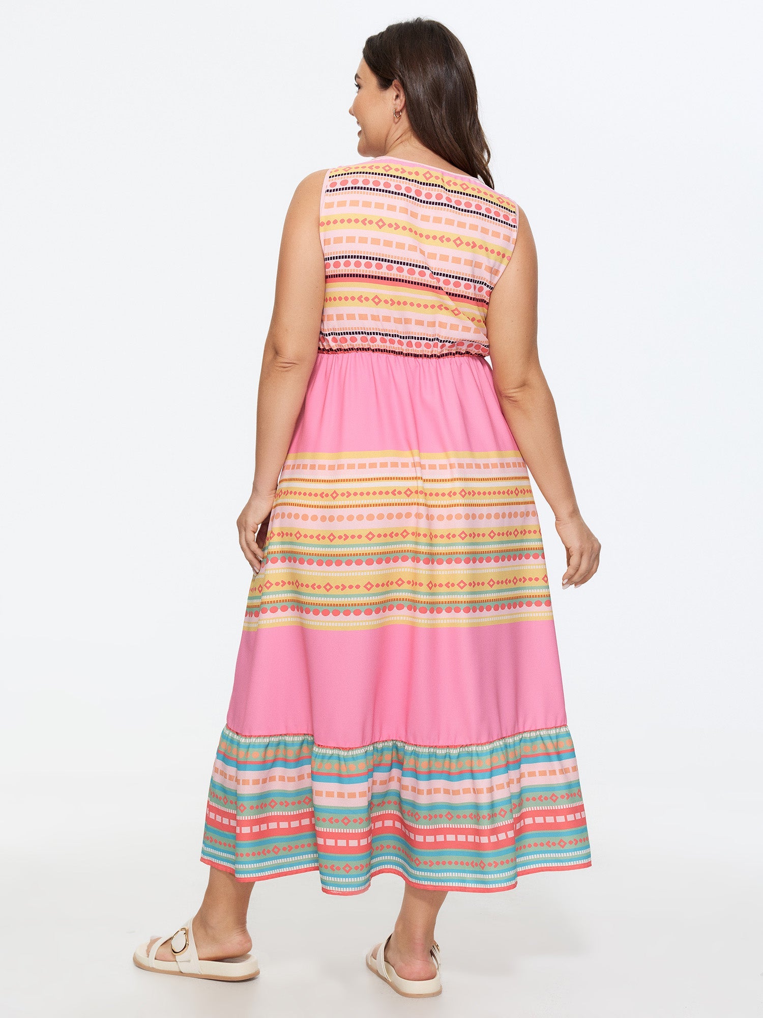 Colorful Striped Print Drawstring Neckline Maxi Dress