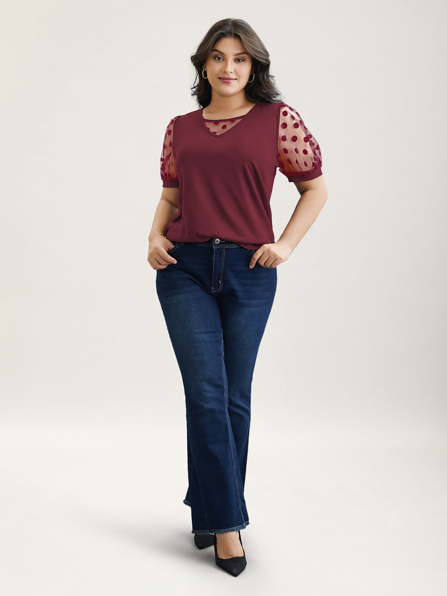 Sheer Sleeves Textured Polka Dots Stretchy Top