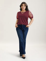 Sheer Sleeves Textured Polka Dots Stretchy Top
