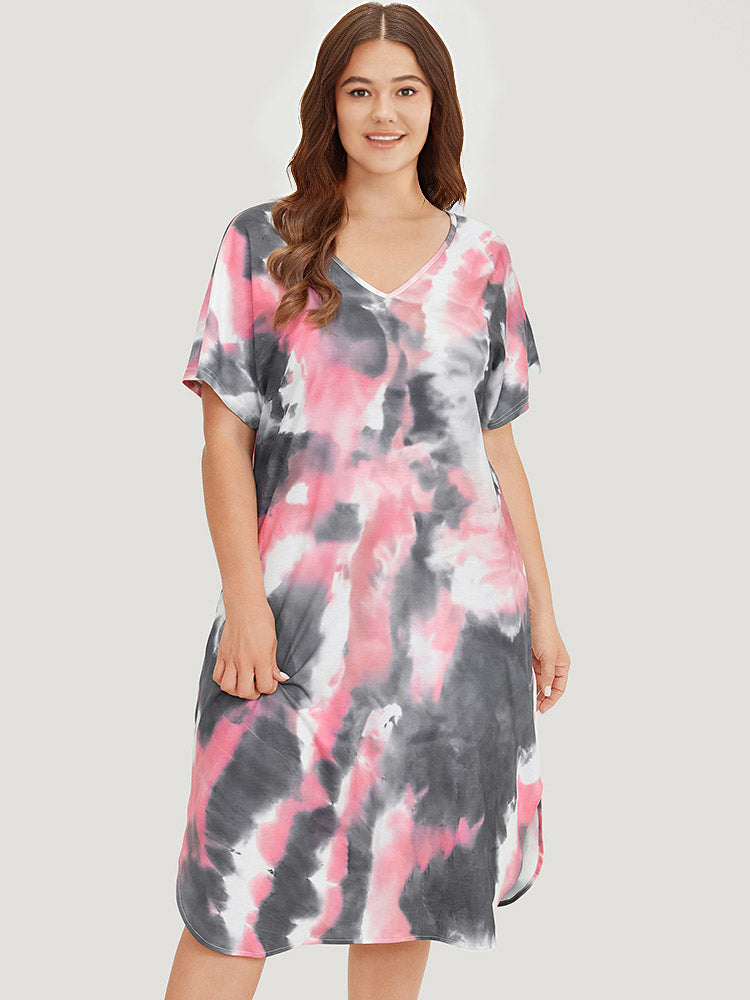 Tie Dye Pocket V Neck Dolman Sleeve Dress