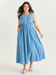 Cotton Pleated Bodice Button Detail Maxi Dress