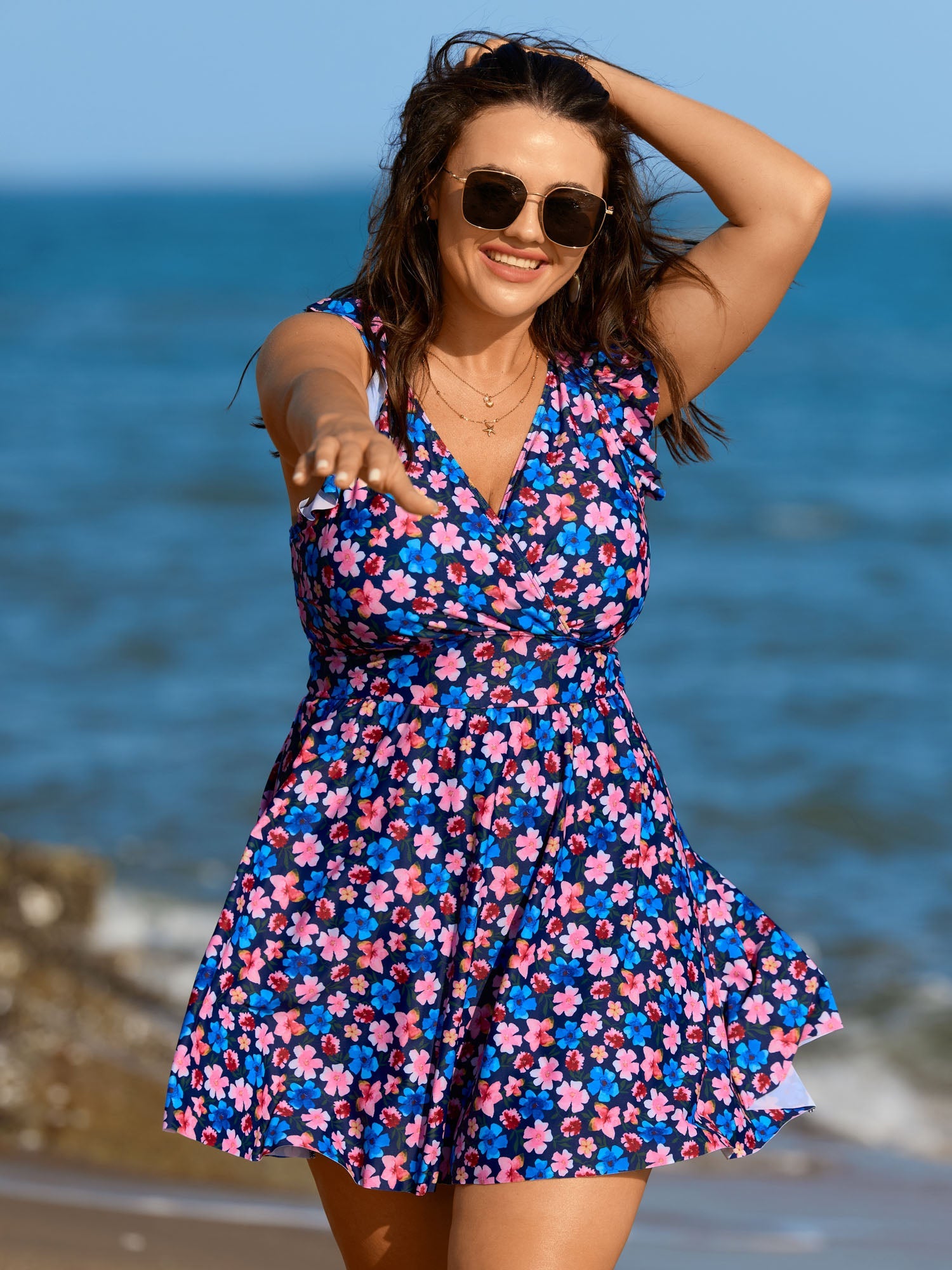 Floral Flutter Sleeve Flowy Swim Dress