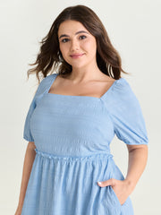 Shirred Open Back Ruffled Hem Midi Dress