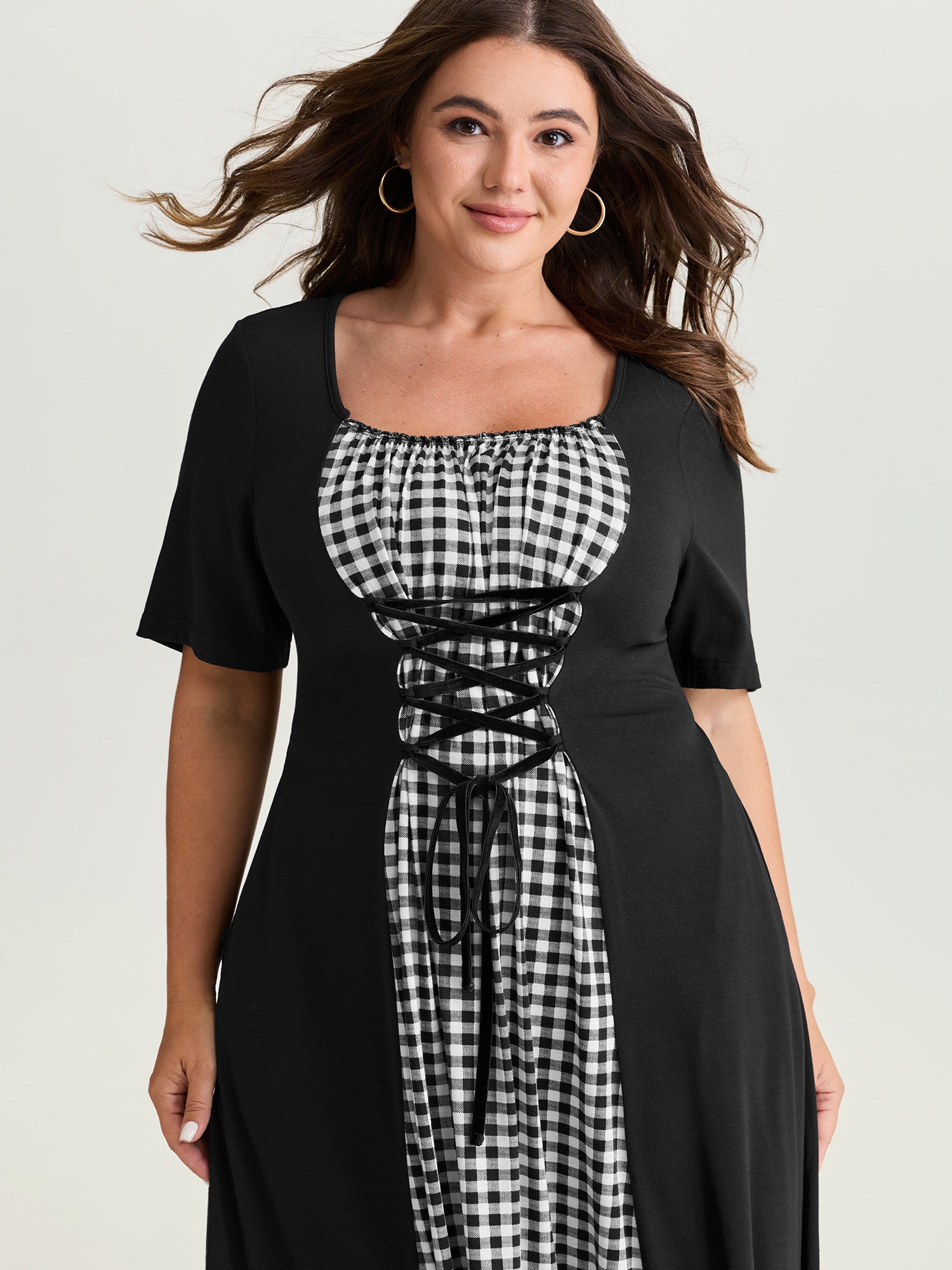 Checkered Layered Cross-Tie Maxi Dress