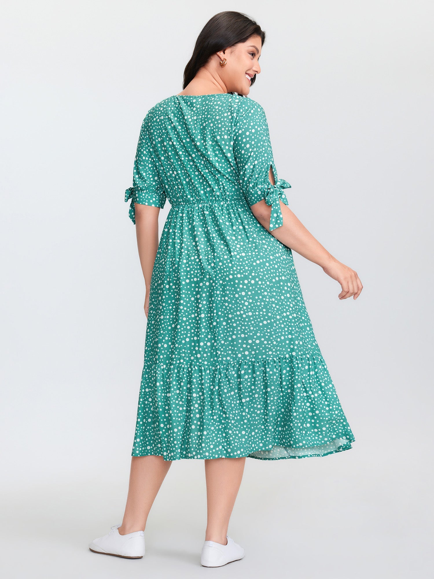 Polka Dot Sleeve Ties Midi Dress