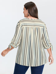 Striped Three-Quarter Sleeve Button-Down Blouse