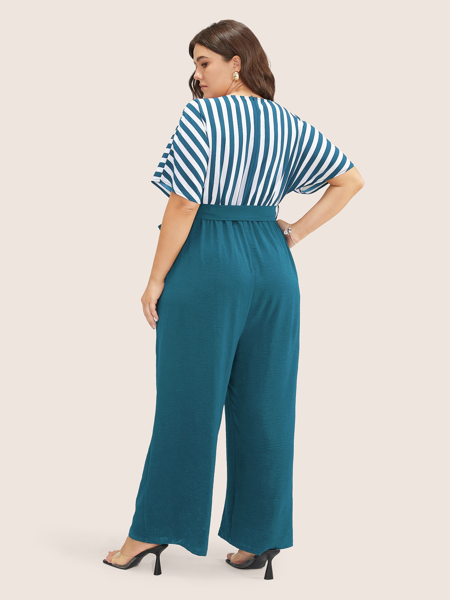 Striped Patchwork Pocket Batwing Sleeve Belted Wrap Jumpsuit