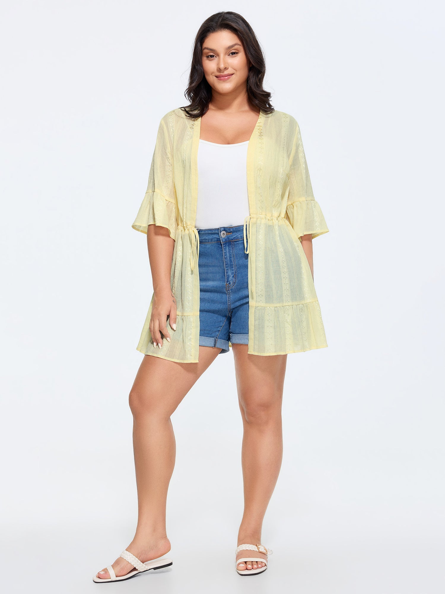 Textured Sheer Front-Tie Kimono