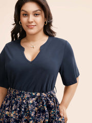 Notched Collar Floral Patchwork Belted Dress