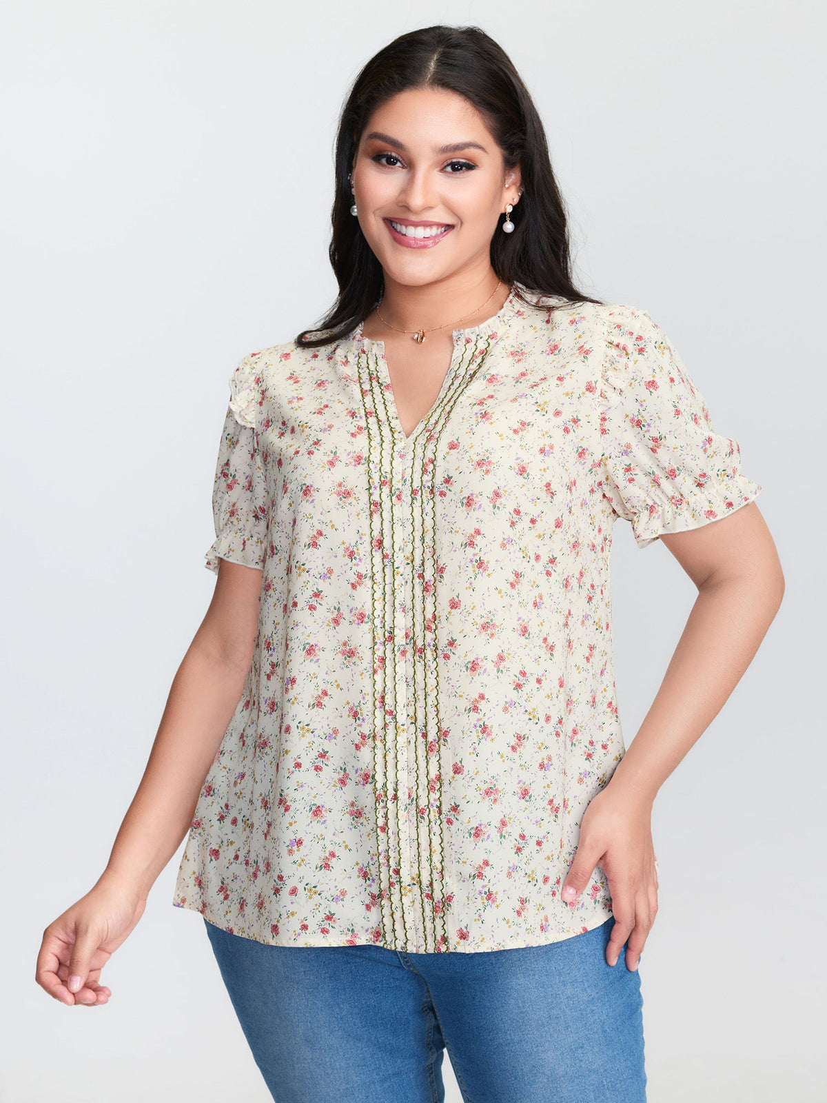 Floral Print Shirred Cuff Sleeve Contrast Blouse