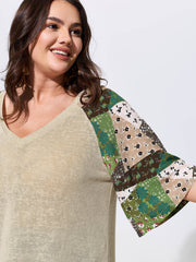 Stretchy Floral Print Raglan Sleeve Knit Top