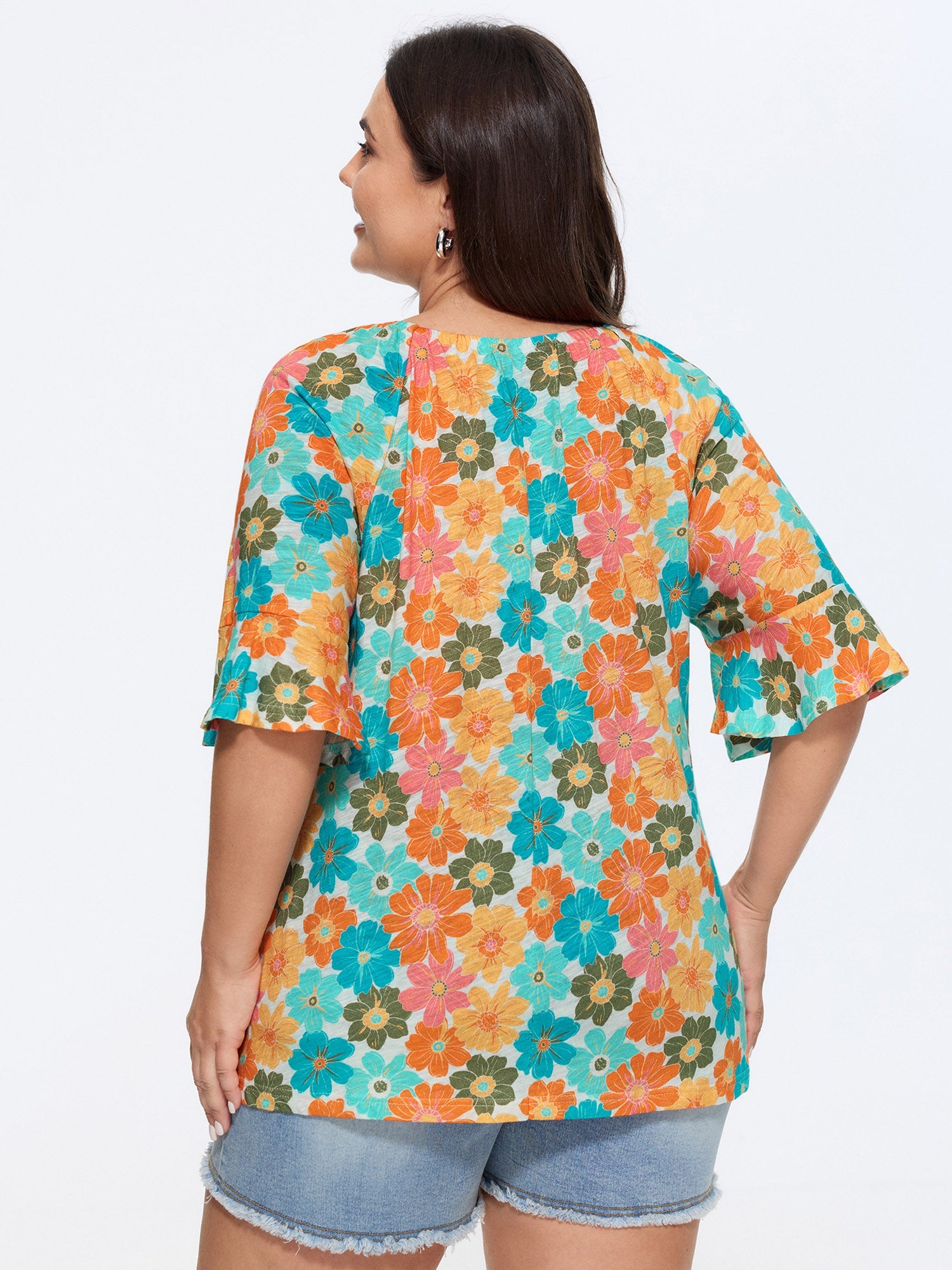 Cotton Floral Print Ruffle Mid Sleeve Top