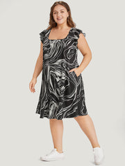 Marble Pocket Ruffle Cap Sleeve Square Neck Dress