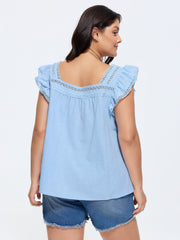 Cotton Ruffled Sleeve Lace Detail Top