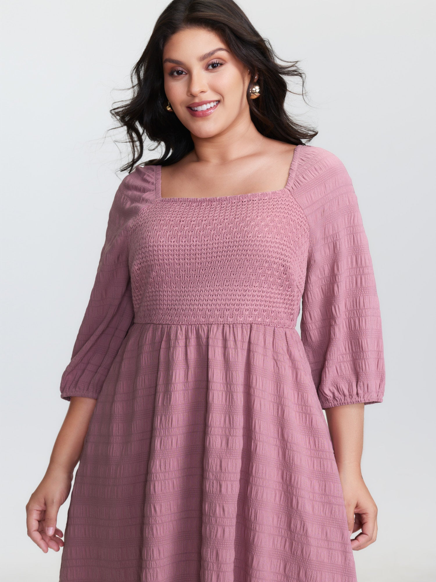Textured Shirred Bodice Square Neckline Mini Dress