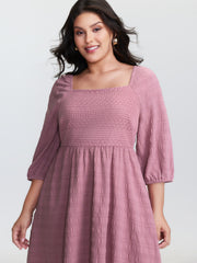 Textured Shirred Bodice Square Neckline Mini Dress