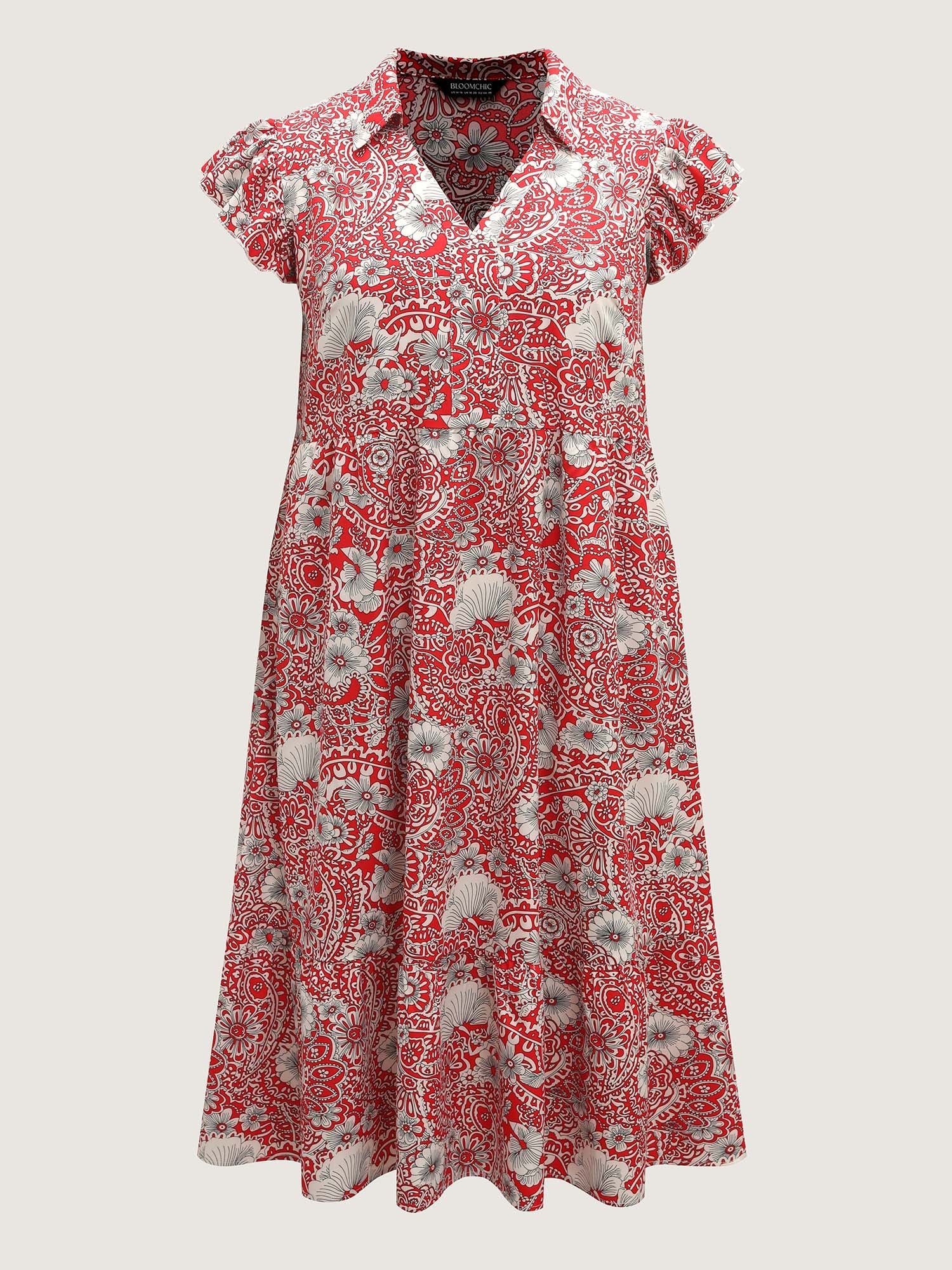 Paisley Print Collar Flutter Sleeve Midi Dress
