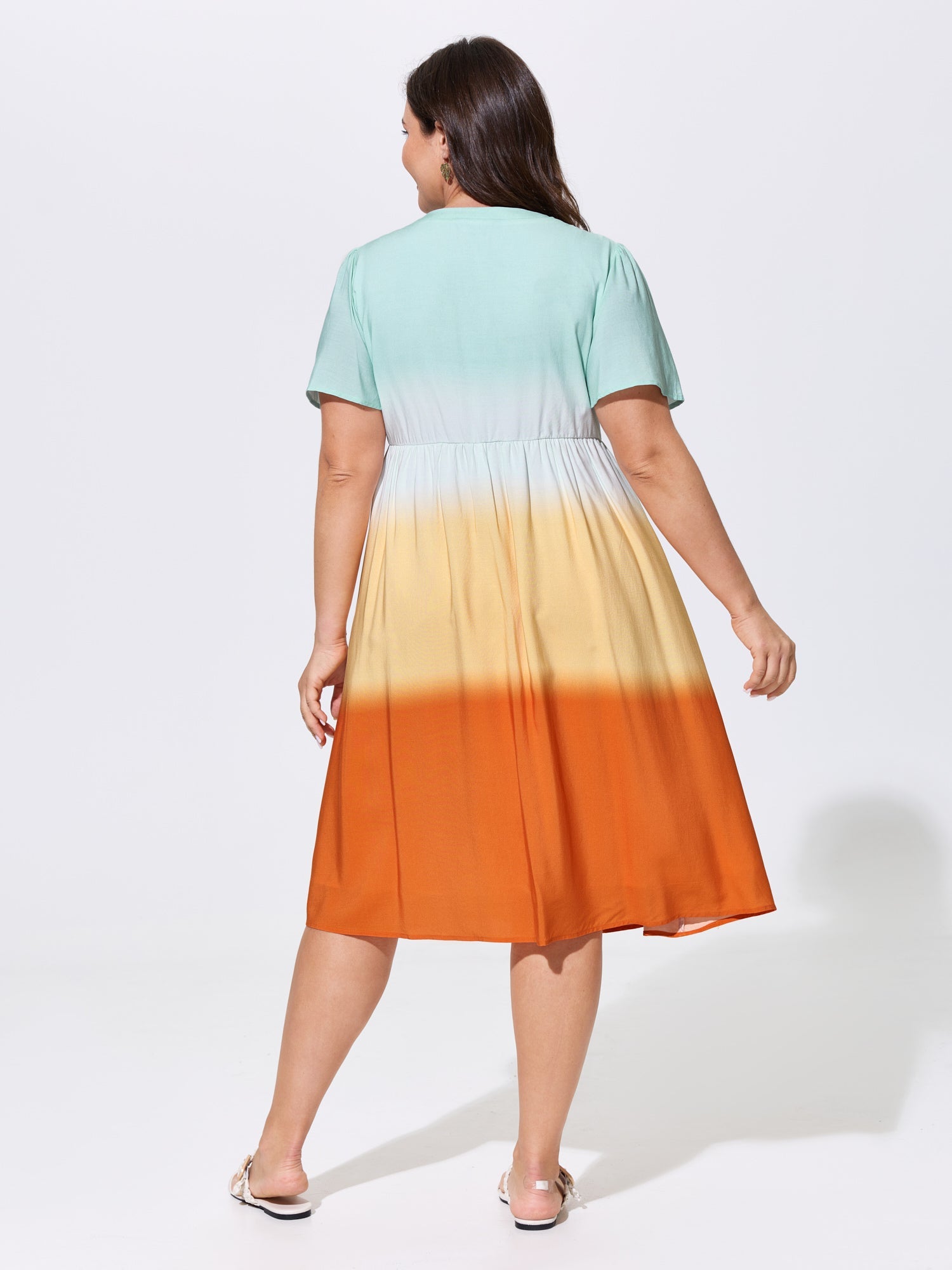 Color Contrast Tiered Drawstring Neckline Midi Dress