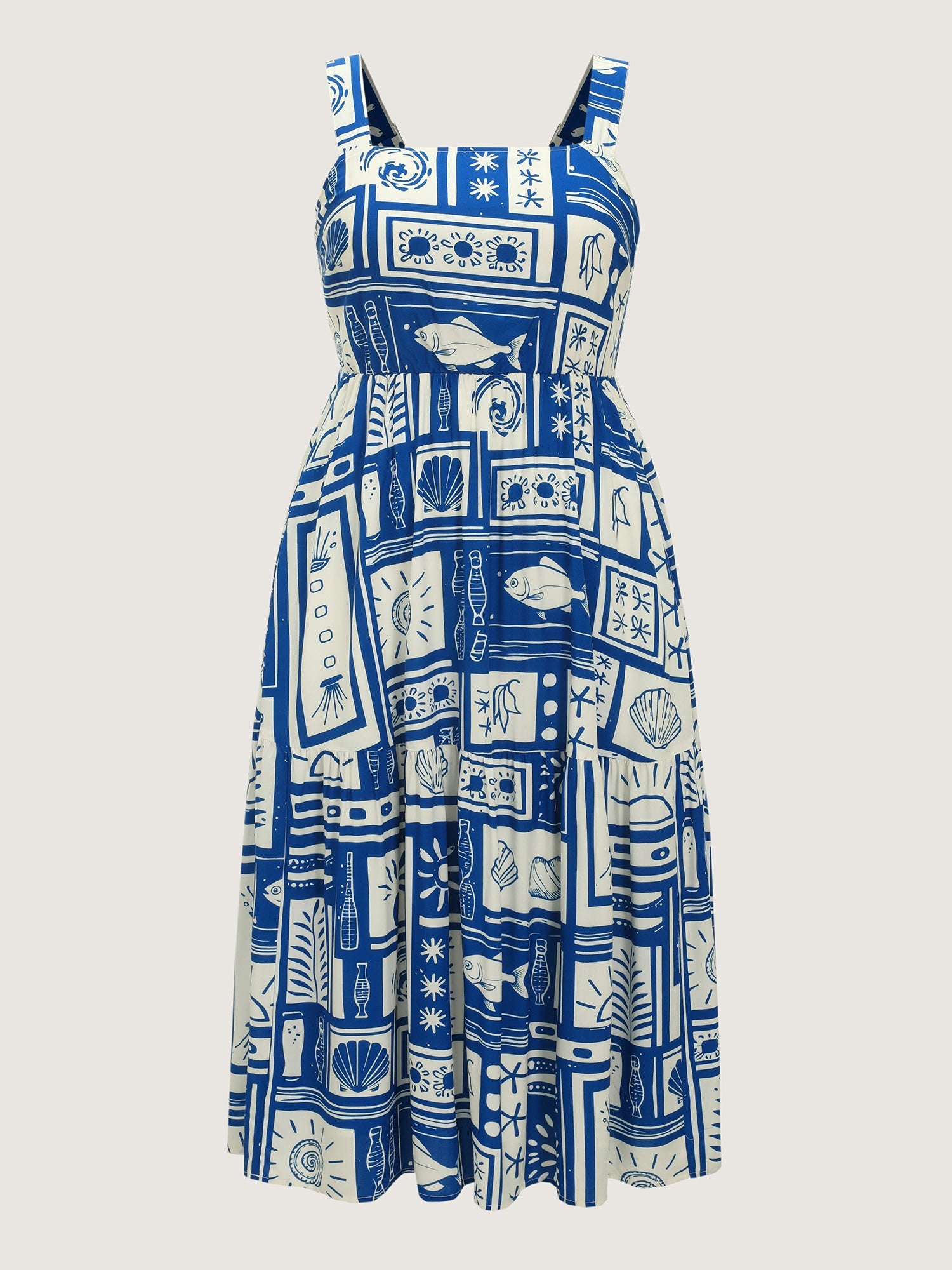 Nautical Print Shirred Tiered Adjustable Straps Midi Dress