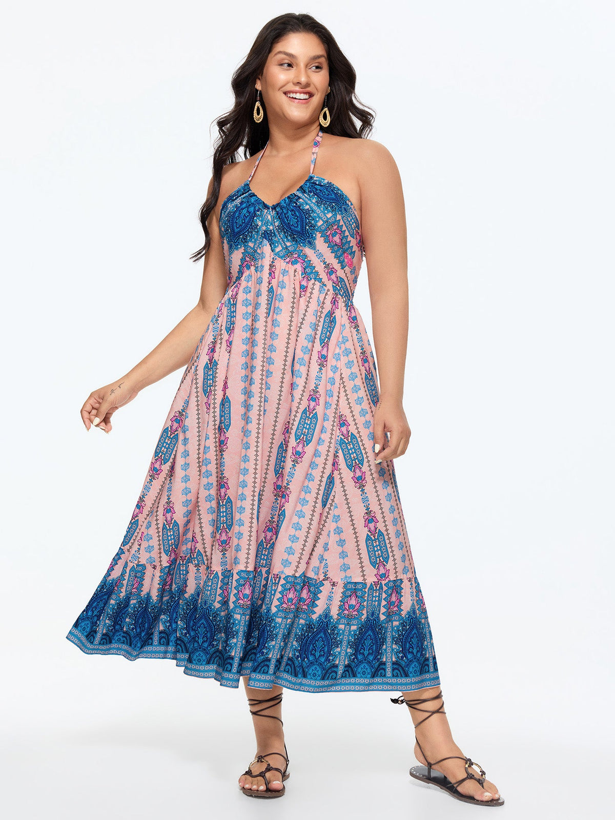Geometric Print Halter Neckline Shirred Midi Dress